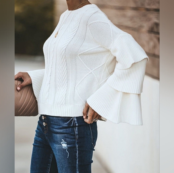 Endless Rose White Cable Knit Tiered Bell-Sleeve Sweater Women's Size Small S - Picture 4 of 12